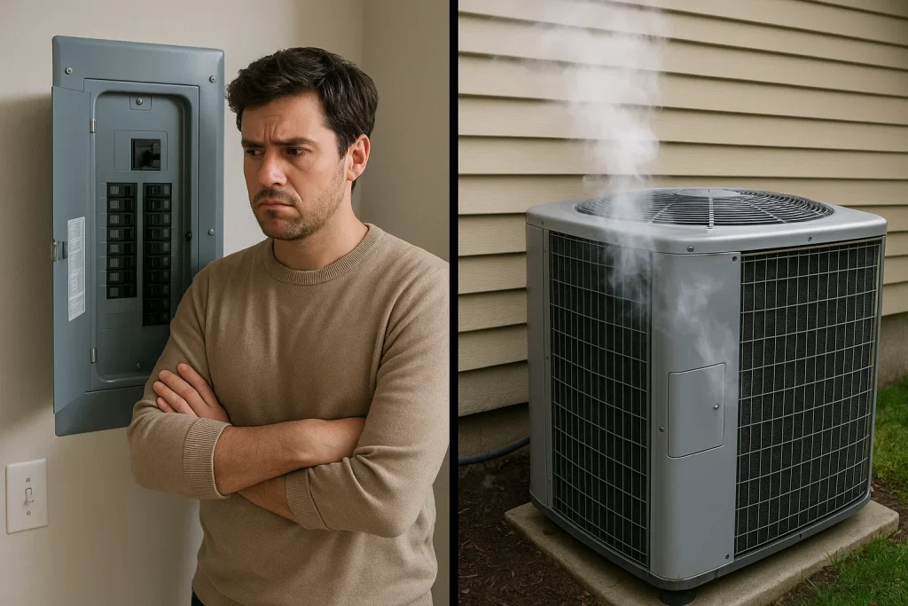 The split screen image of a homeowner standing in front of his tripped breaker box and a heat pump on the right side smoking