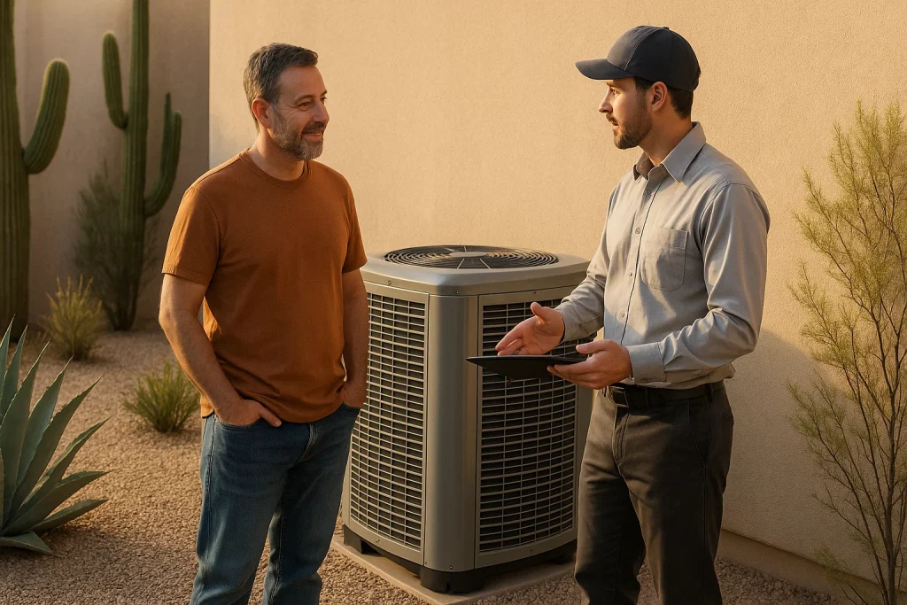 Tucson homeowner reviewing fall heat pump tune-up with HVAC technician outdoors