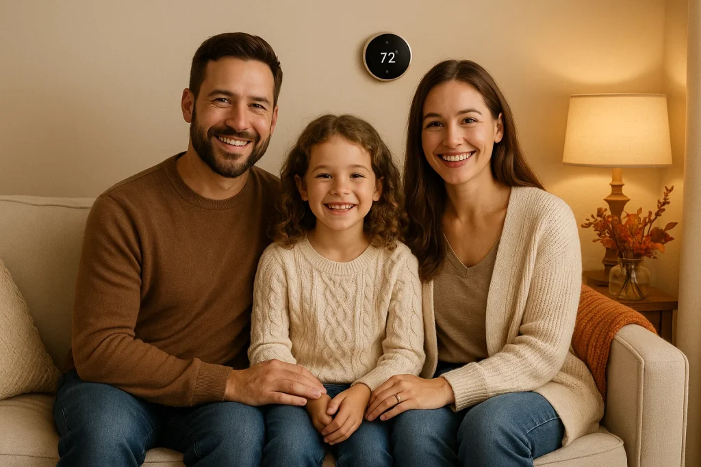 Family relaxing indoors with fall-themed decor, highlighting energy efficiency and peace of mind from a maintenance plan.