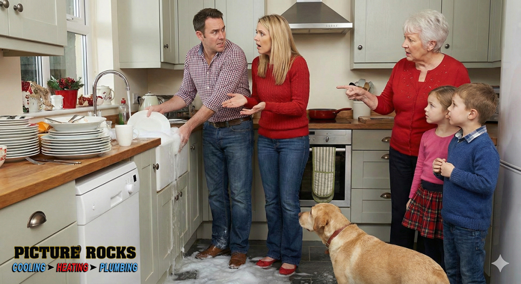 a family in the kitchen together after a holiday meal. The family looks panicked as the kitchen sink begins to overflow