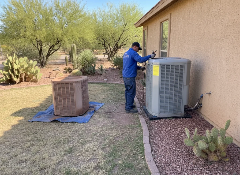 HVAC technician upgrading to a high-efficiency heat pump outside an Arizona home for better energy savings.