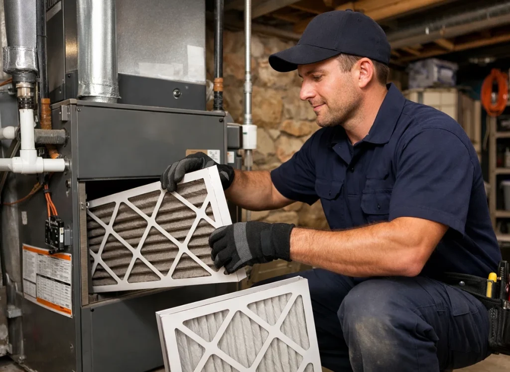 HVAC technician servicing heating unit in Tucson home