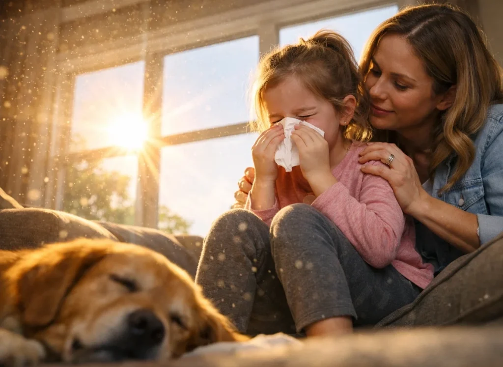 A little girl, sneezing being consoled by her mom on the couch because of the dust in the air.