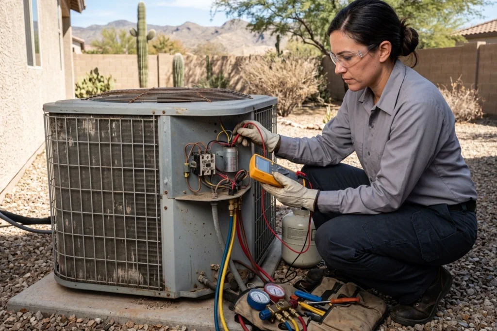 HVAC technician evaluating aging air conditioner for replacement