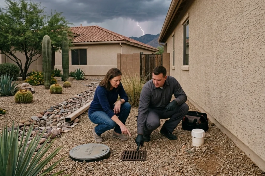 Plumber inspecting sewer cleanout before monsoon season