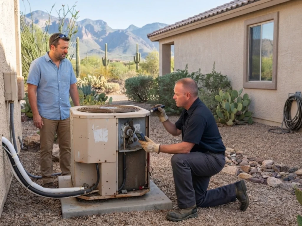 Tucson homeowner reviewing aging air conditioner with HVAC technician