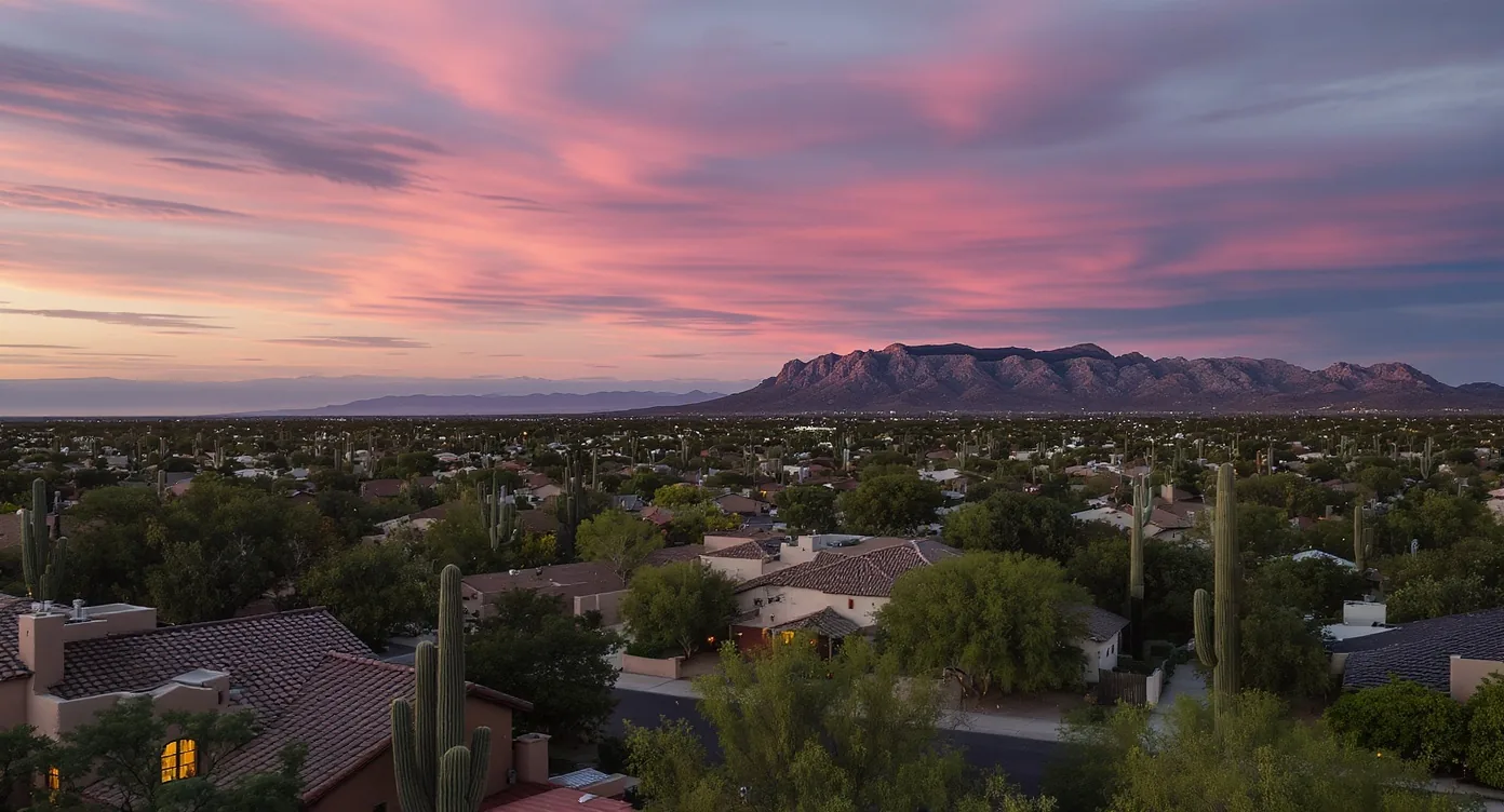 Aerial view of a Tucson neighborhood at dusk.