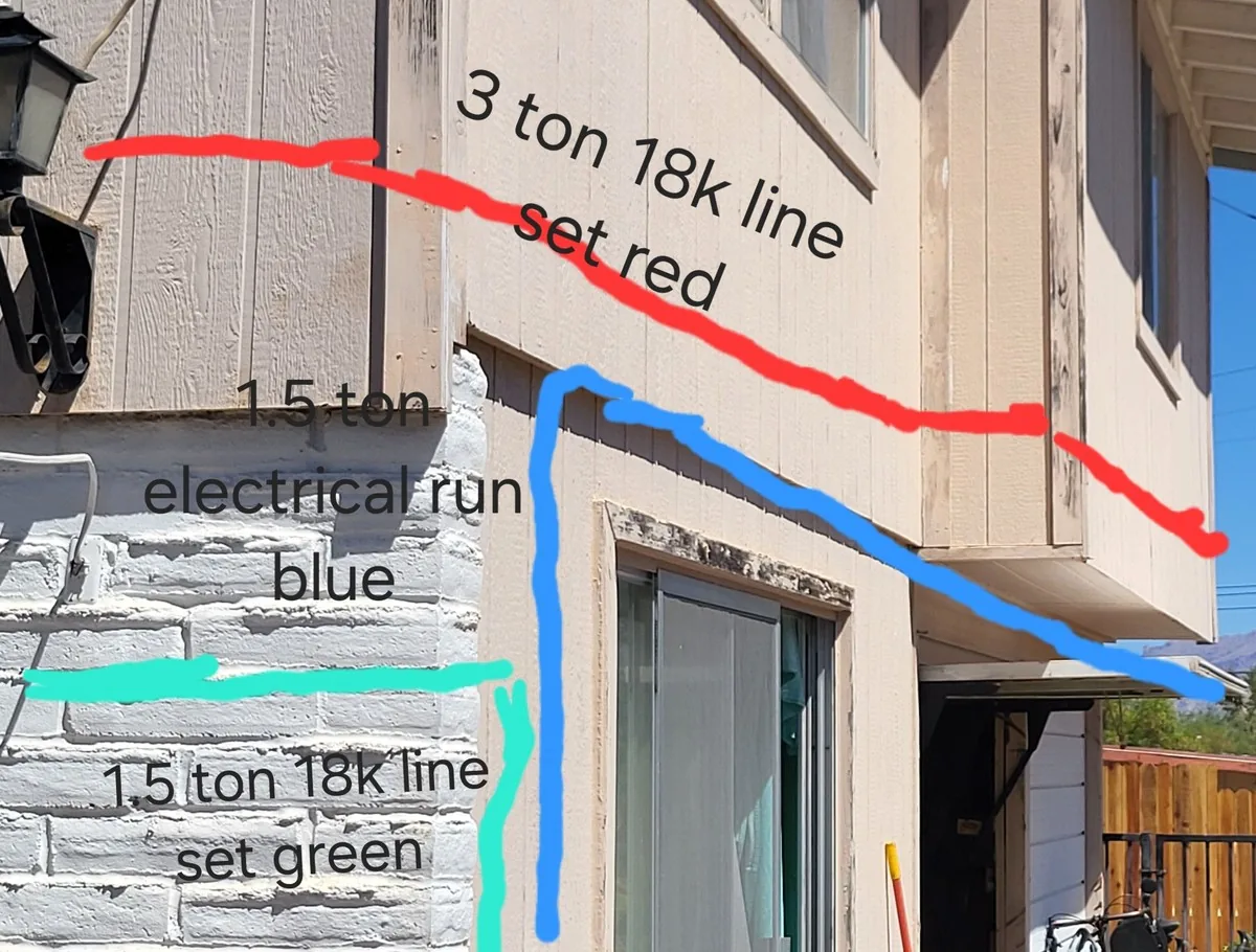 An annotated exterior photo showing planned line-set and power runs.