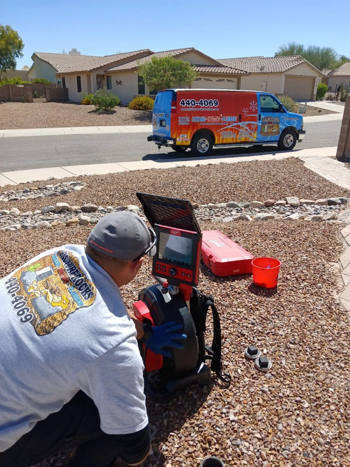 Picture Rocks van equipped with a sewer camera at a Tucson desert home.